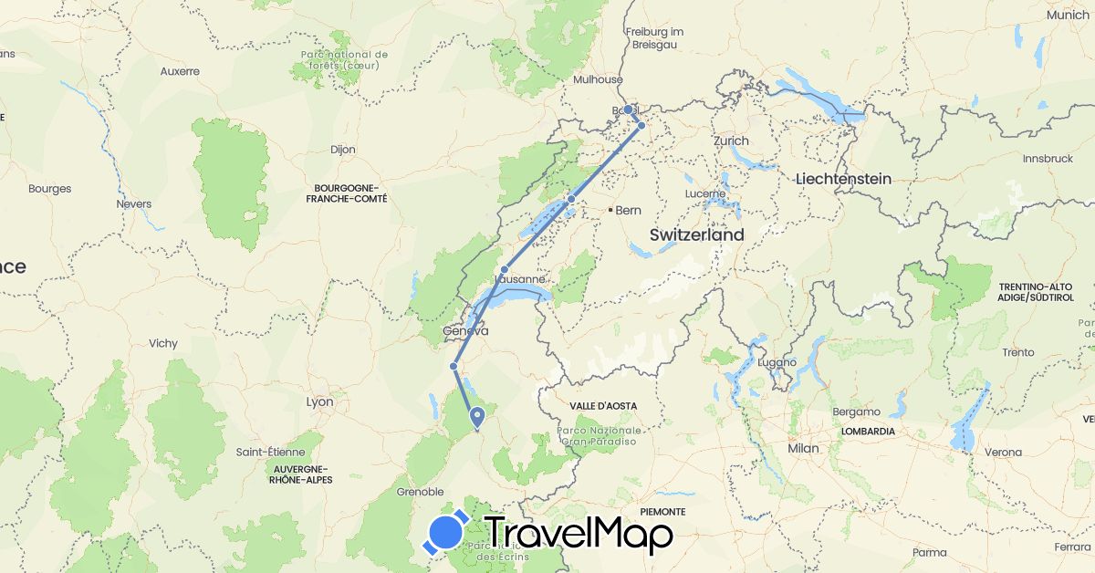 TravelMap itinerary: driving, cycling in Switzerland, France (Europe)